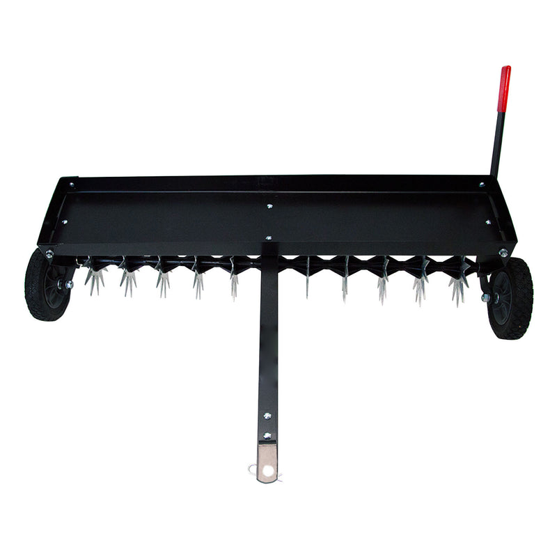 The Brinly Parts 40″ Spike Aerator (SAT-401BH) features 3D galvanized steel tines, transport wheels, a flat top tray, and a red handle for easy use and effective lawn aeration.