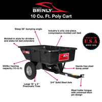 Brinly Parts 10 Cu. Ft. Poly Cart (PCT-101BH) in black, featuring large wheels and labeled highlights such as a 650 lb. capacity, one-piece molded bed, hands-free dump pedal, and universal hitch; "Made in the USA" badge displayed in the corner.
