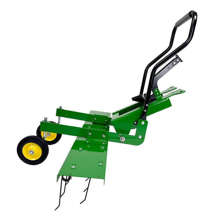 A John Deere Front-Mount 48 ZTR Dethatcher (LP83252) with green, featuring a black handle and yellow wheels, is set against a white background. It includes flexible spring steel tines and a flat base with metal spikes for precise grass edging.