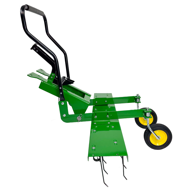 The John Deere Front-Mount 48 ZTR Dethatcher | CPLP83252 features a metal frame, black handle, green body, flexible spring steel tines, bottom spikes, and two yellow wheels for manual lawn care.