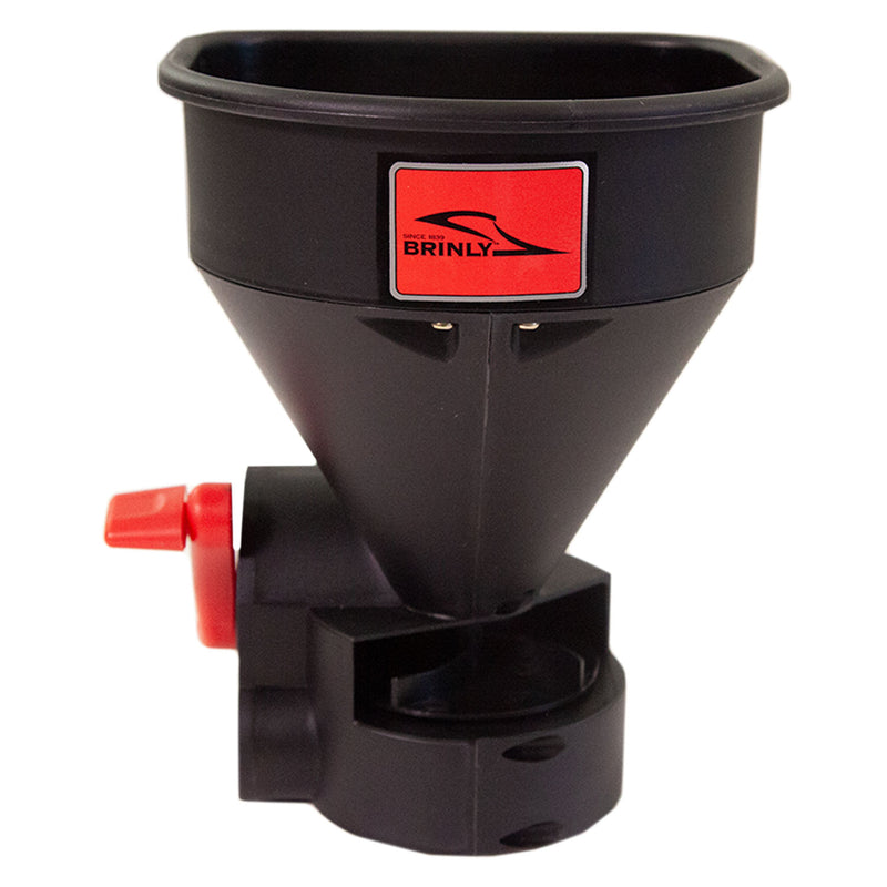 The Brinly Parts 5lb Capacity Handheld Spreader (HHS3-5BH) features a black plastic design with a wide funnel top and a red side lever, ideal for efficiently spreading fertilizer, seeds, or ice melt.