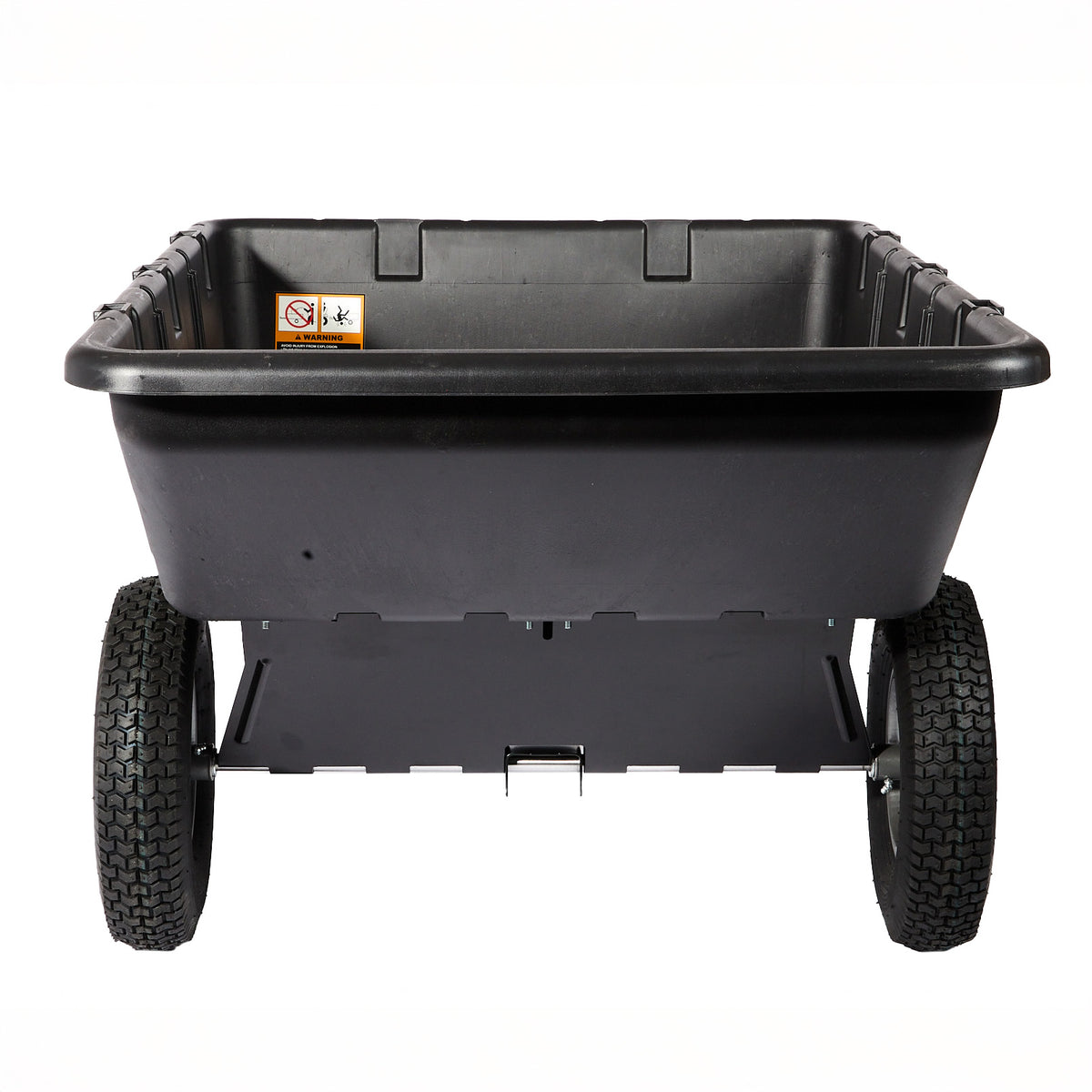 The Brinly Parts 10 Cu. Ft. Poly Cart | PCT-101BH is a black plastic dump cart with two large treaded wheels, a deep rectangular tub, and an inner left-side warning label, shown from the front on a white background.