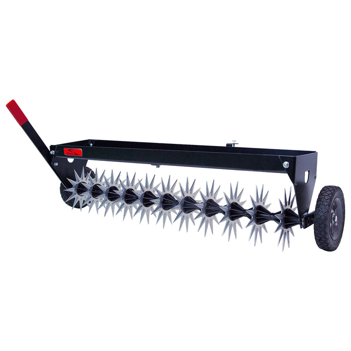 The Brinly Parts 40″ Spike Aerator (SAT-401BH) features 3D galvanized steel tines, a black metal frame, transport wheels, and a red and black handle—ideal for effective lawn aeration to keep your grass healthy.