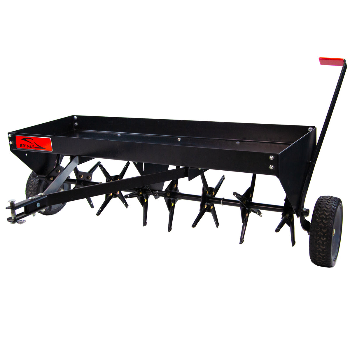 The Brinly Parts 48 Tow-Behind Plug Aerator (PA-482BH) features a sturdy metal frame, rotating wheels, and sharp steel tines for effective soil aeration. It has a vibrant red handle, a weight tray for stability, and easily attaches to lawn tractors.