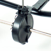 A close-up of a Brinly Parts BS26BH black circular mechanical device with a metal rod, akin to the precision of the 125 Lb. Tow-Behind Broadcast Spreader, is attached to a black frame with a clip on a plain white background.