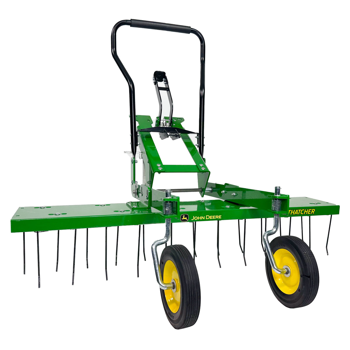 The John Deere Front-Mount 48 ZTR Dethatcher (LP83252) features two yellow wheels, flexible spring steel tines, and a black handle—ideal for your John Deere Z-Trak Mower.