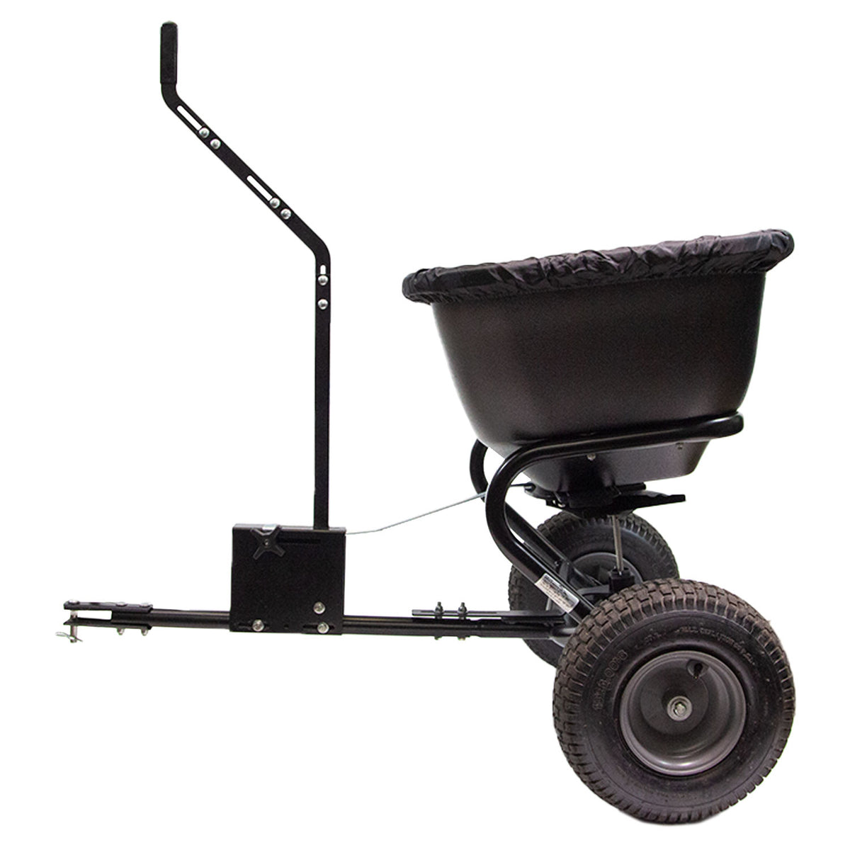 The Brinly Parts 125 LB. Tow-Behind Deluxe Spreader (BS261BH-A) features a rust-proof polyethylene hopper, two large wheels, and an extended handle. It includes a protective cover and a sturdy metal frame for easy vehicle or lawn tractor attachment, making it perfect for efficient lawn fertilization.