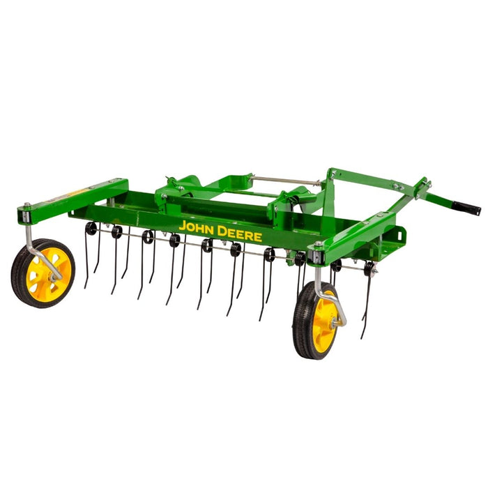 The John Deere 38" Front-Mount Dethatcher (LP48004) is a green agricultural implement from John Deere, featuring yellow wheels and multiple metal tines. Designed for lawn maintenance or soil cultivation, it is shown against a white background.