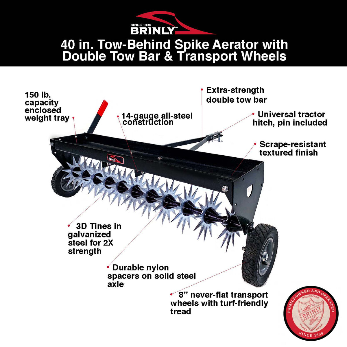 The Brinly Parts 40" Tow-Behind Spike Aerator (SAT2-40BH-P2) features an extra-strength double tow bar, transport wheels, universal tractor hitch, enclosed weight tray, durable nylon spacers, and rust-resistant black finish for easy yard aeration.