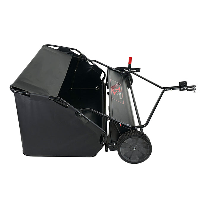 The Brinly Parts 54 Lawn Sweeper, model LS2-54BH-G, features a sleek black design with double-helix brushes, a collection bag, sturdy metal frame with red accents on the adjustable handle grip. It can be easily attached to a lawn tractor as a tow-behind or pushed manually for versatile use.