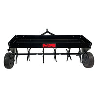 The Brinly Parts 42″ Plug Aerator with Easy-Store Handle (PA-42BH) features sturdy wheels and multiple sharp tines for effective soil aeration; shown from the front against a white background.
