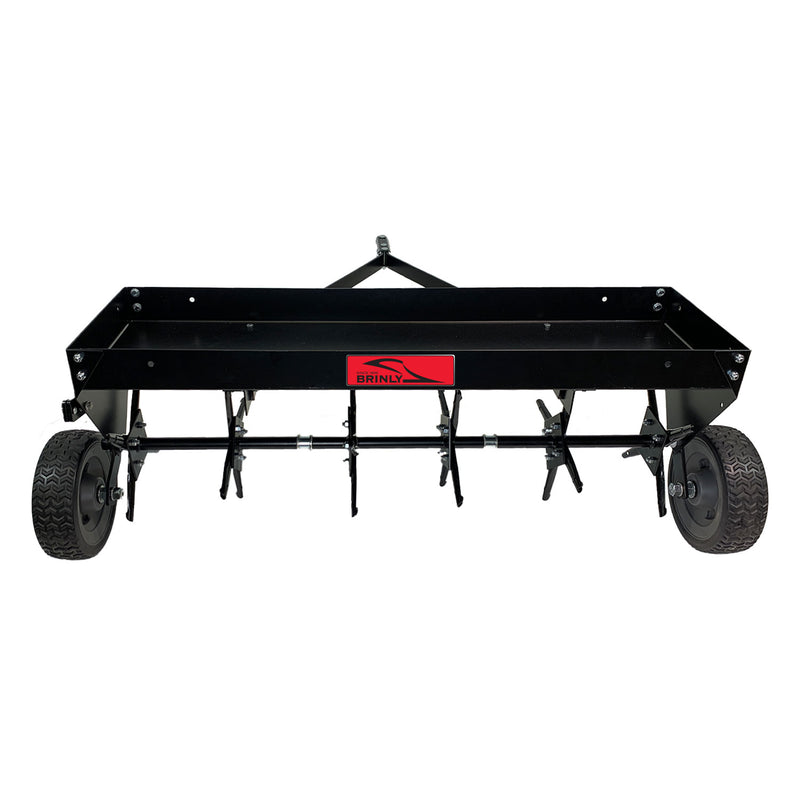 The Brinly Parts 42″ Plug Aerator with Easy-Store Handle (PA-42BH) features sturdy wheels and multiple sharp tines for effective soil aeration; shown from the front against a white background.