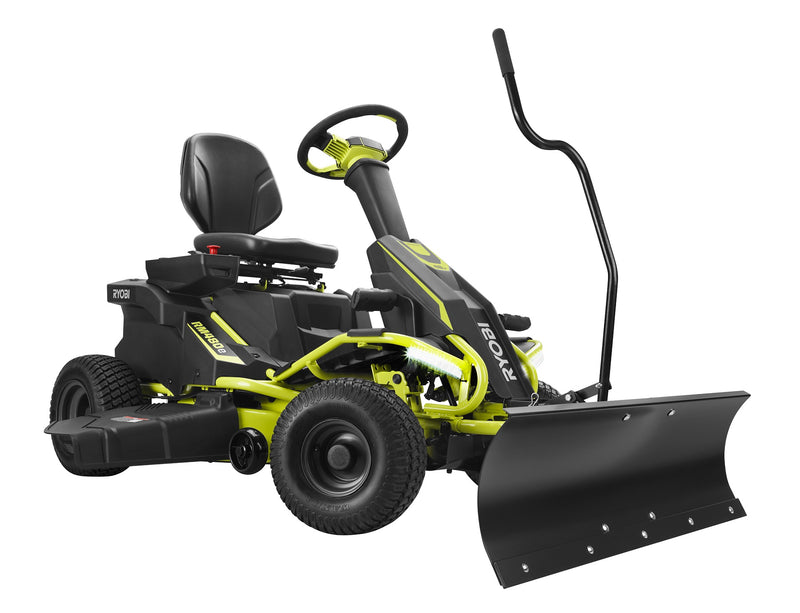 The Brinly Parts 42 in. Front Mount Blade for the RYOBI 38 Electric Riding Mower, model FB-42RY, has a sleek black design with green accents. It features a padded seat and steering wheel for comfort, and the durable steel blade is ideal for efficient snow removal.