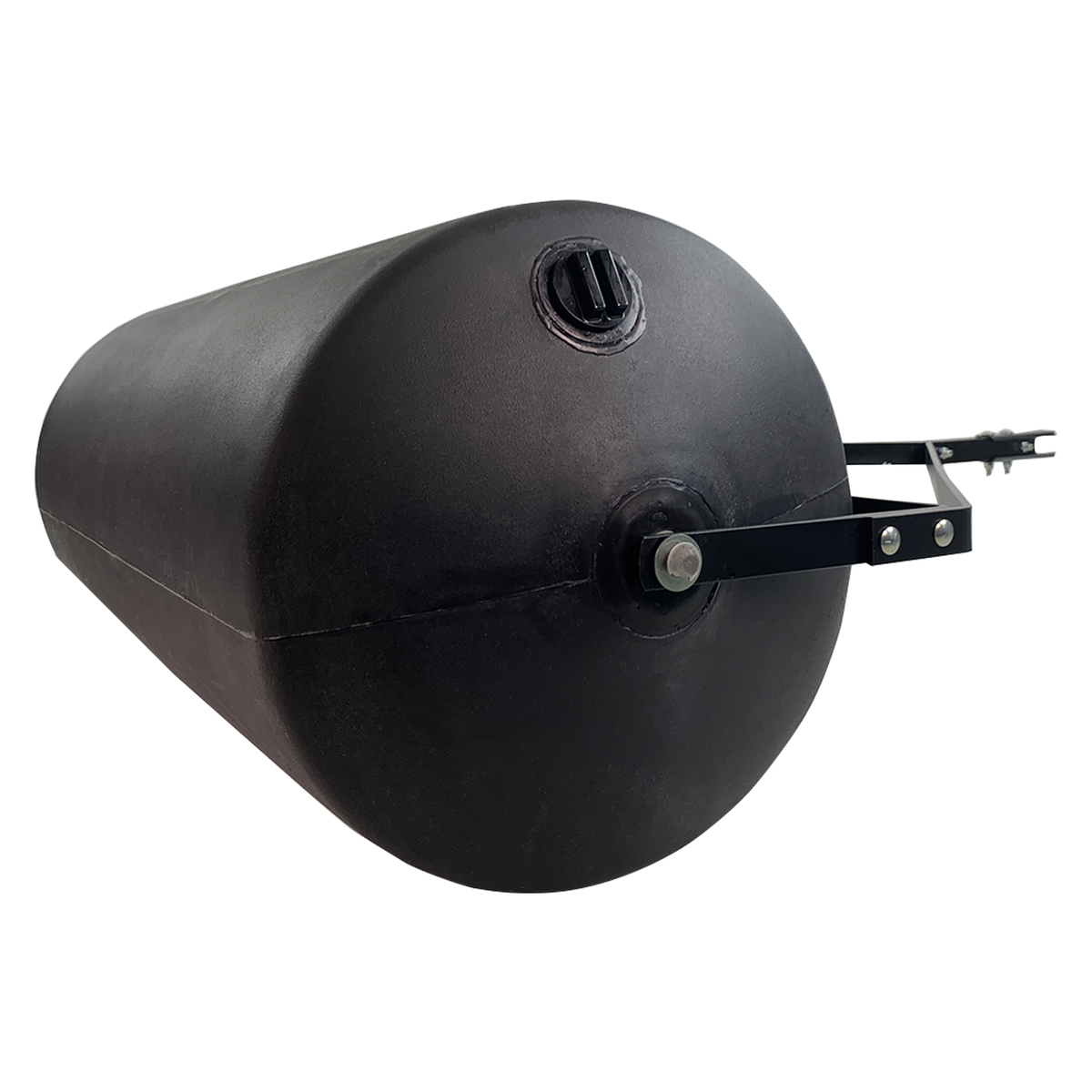 The Brinly Parts 42 Gallon Tow-Behind Poly Roller (PRT-362SBH) features a sleek black cylindrical design, small open valve, metal bracket with pipe and lever, and a 390 lb capacity against a white backdrop—perfect for lawn tractors.