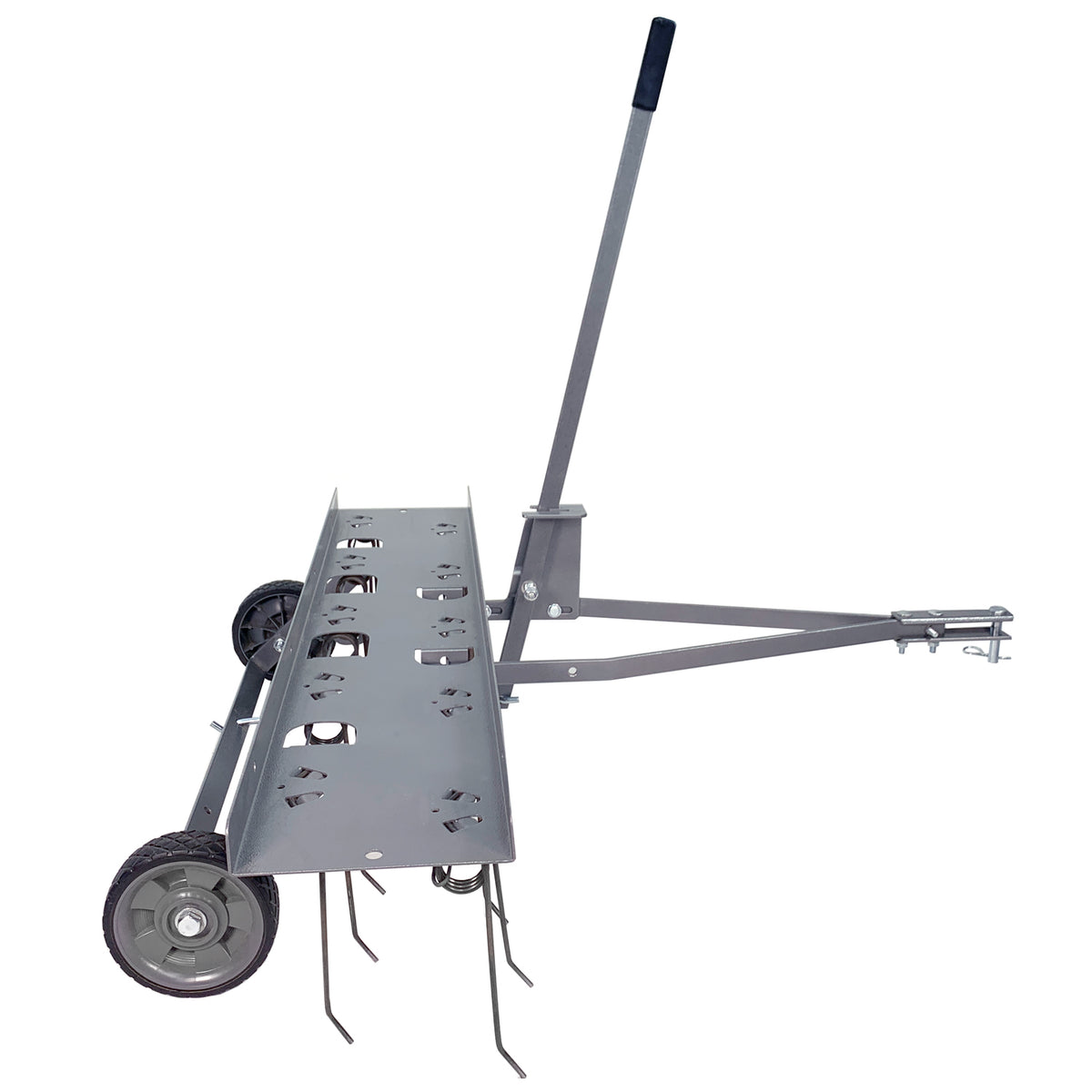 The Brinly Parts 40 Dethatcher in Hammered Gunmetal (DT2-40BH-S) is a tow-behind tool with a long handle, four black wheels, and multiple metal tines. Its simple design includes a hitch mechanism for easy attachment to lawn equipment, set against a white background.