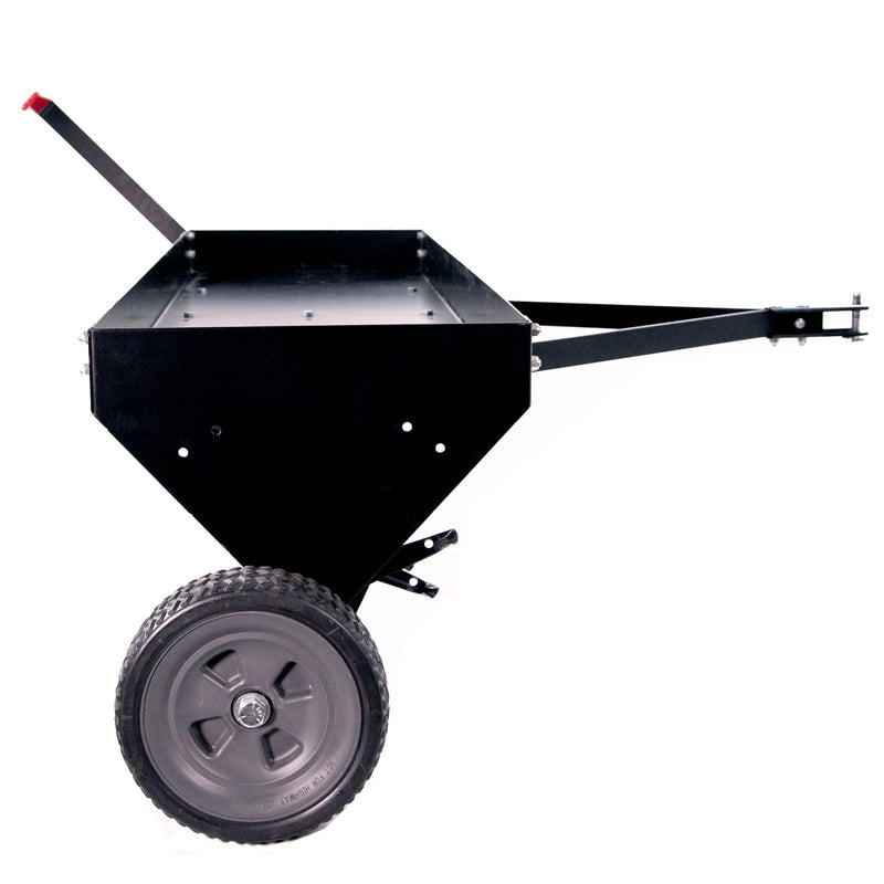 The Brinly Parts 48″ Tow-Behind Plug Aerator (PA-482BH) pairs perfectly with a black metal utility cart, featuring a flat top, large wheels, pulling handle, and triangular support structure for effortless yard transport.