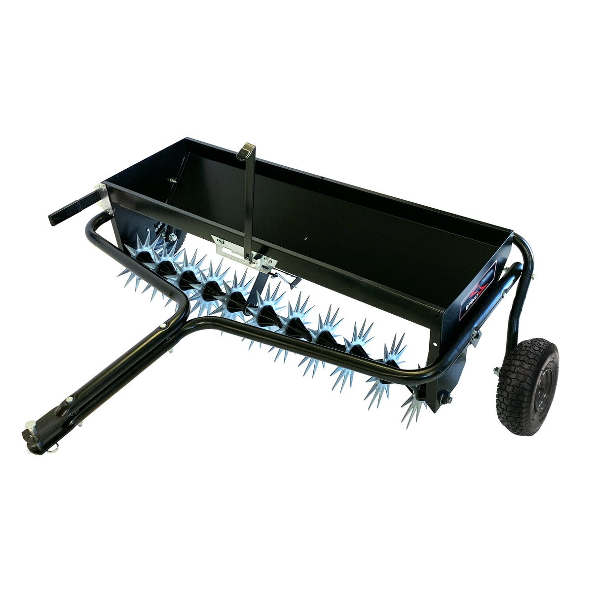 The Brinly Parts 40 Combination Aerator Spreader with Pneumatic Tires (AS2-40BH-G) attaches to lawn tractors, featuring a spiked rotating drum, weight tray, and two wheels—ideal for aerating and spreading on your lawn.