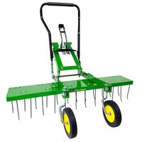 The John Deere Front-Mount 48 ZTR Dethatcher (CPLP83252) features green with black handles and two yellow wheels. Its designed for John Deere Z-Trak Mowers and has flexible spring steel tines for efficient thatch removal.