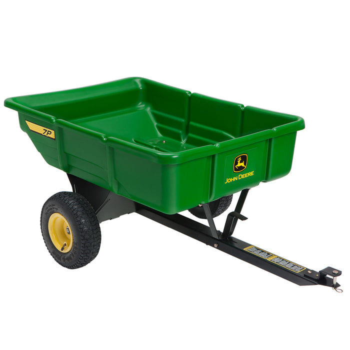 The John Deere 7 cu. ft. Poly Cart (LP21935) has a large, rectangular open bed in green with the brand logo, two yellow wheels, and is crafted from high-density polyethylene. It is mounted on a black frame and includes an extended handle for towing.