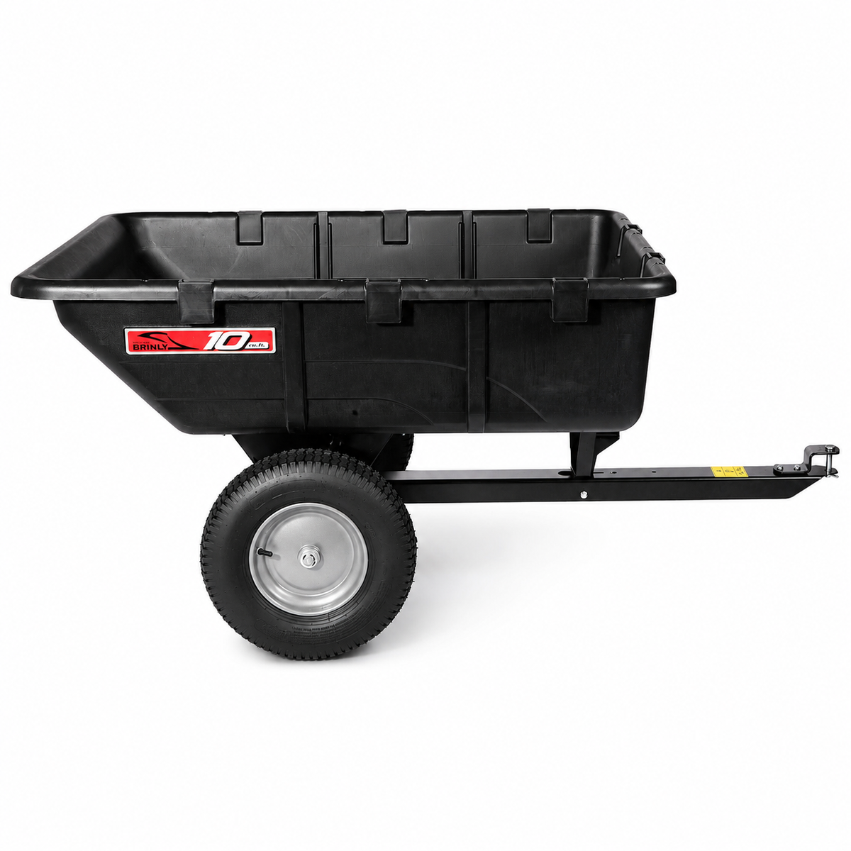 The Brinly Parts 10 Cu. Ft. Poly Cart (PCT-101BH) is shown from the side on a white background, featuring two large rubber tires and a tow bar; this versatile black utility cart is ideal for hauling materials around your yard or garden.
