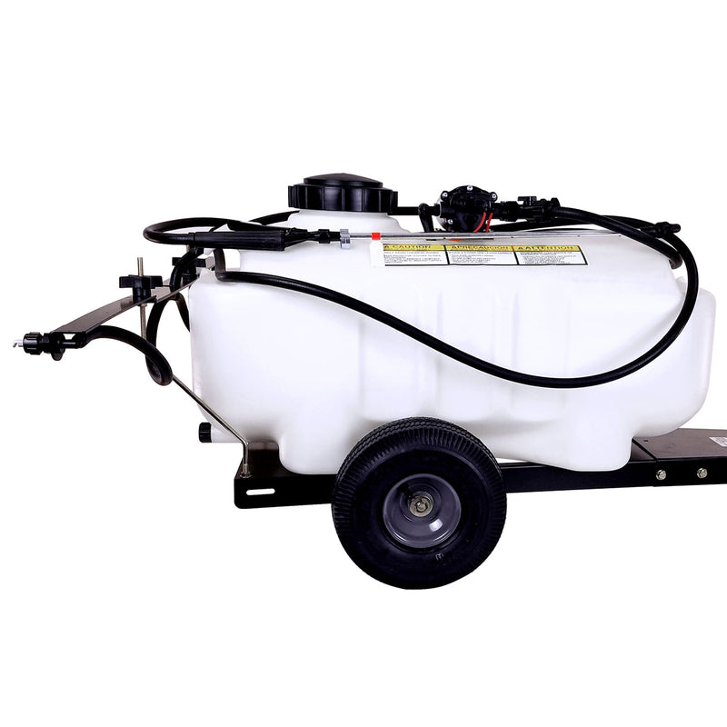 The Brinly Parts ST-251BH, a 25 Gallon Tow-Behind Sprayer, features Ultra Lo-Drift™ tips, a lawn sprayer tank with visible markings on a wheeled black frame with hose and handle. Its equipped with a pump and nozzle for applying liquid fertilizer easily.