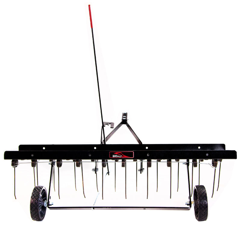 The Brinly Parts 40″ Tow-Behind Dethatcher (DT2-40BH-G) features a black metal frame with adjustable tines and two wheels for easy tractor attachment. It includes a long handle with a red grip, ensuring precise thatch removal and efficient lawn care.