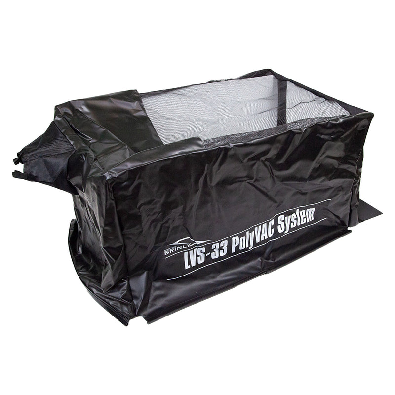 The Black Brinly Parts B-6800 PolyVAC System bag is designed for outdoor yard equipment, with a canopy fabric, mesh top for ventilation, and side opening. The brand name and model number are displayed in white on the front.