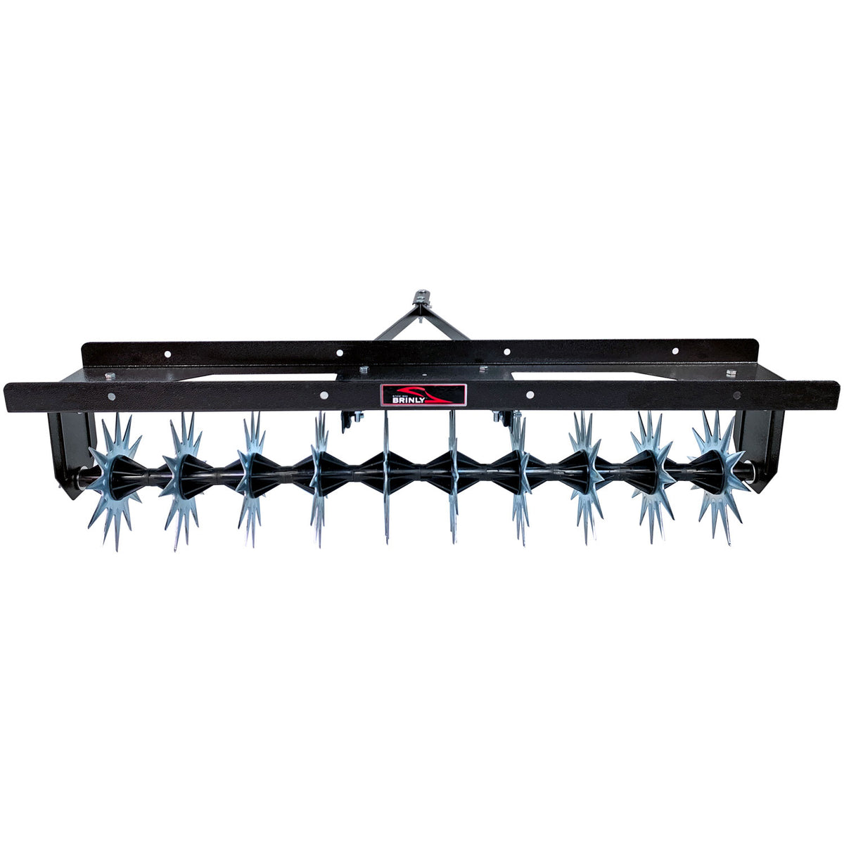The Brinly Parts 40" Tow-Behind Spike Aerator (SA2-40BH-P2) features extra-strength double tow bars and multiple spiked wheels, attaching to a lawn tractor for effective grass aeration.