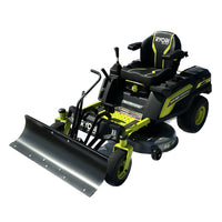 A Ryobi Electric Zero-Turn Mower with a Brinly Parts Front-Mount Blade (FB-42RYZT), featuring armrests, a padded Ryobi logo seat, headlights, and wide wheels for stability. This green and black model is ideal for all-season yard maintenance.