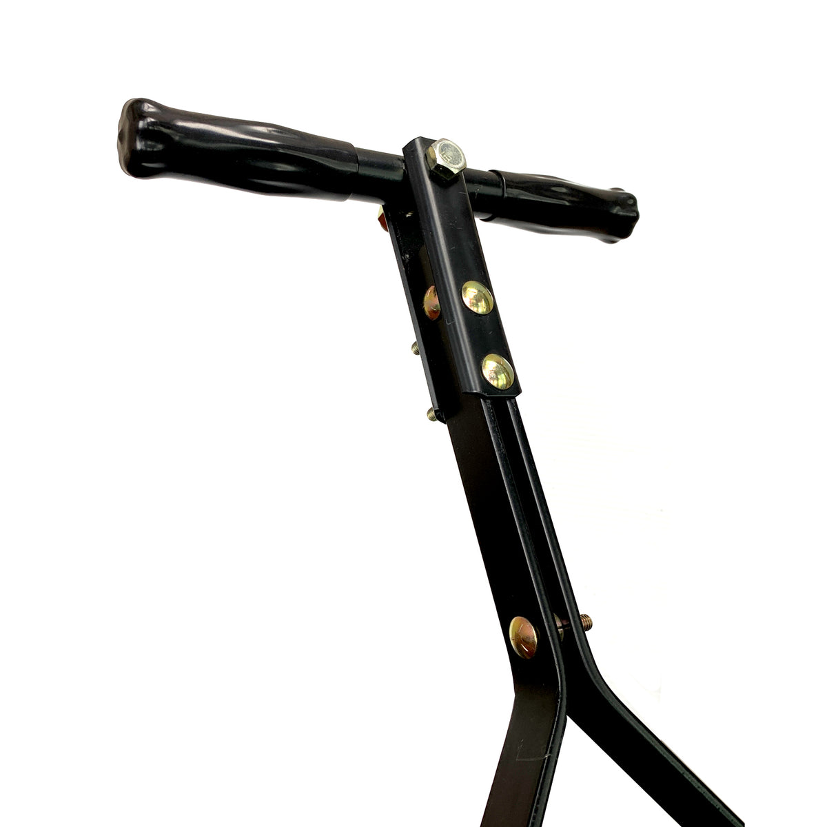 Close-up of a black scooters textured grip handlebar with visible screws, sleek design on white background, similar to the durable build of a Brinly Parts 28 Gallon Push or Tow Poly Lawn Roller | PRC-242BH.