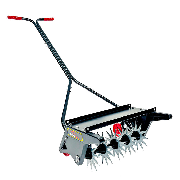 The Brinly Parts 20 Push Spike Aerator with 3D Galvanized Steel Tines features spiked wheels, a sturdy metal frame, black handle, red grips, and an adjustable handle for easy manual lawn aeration.