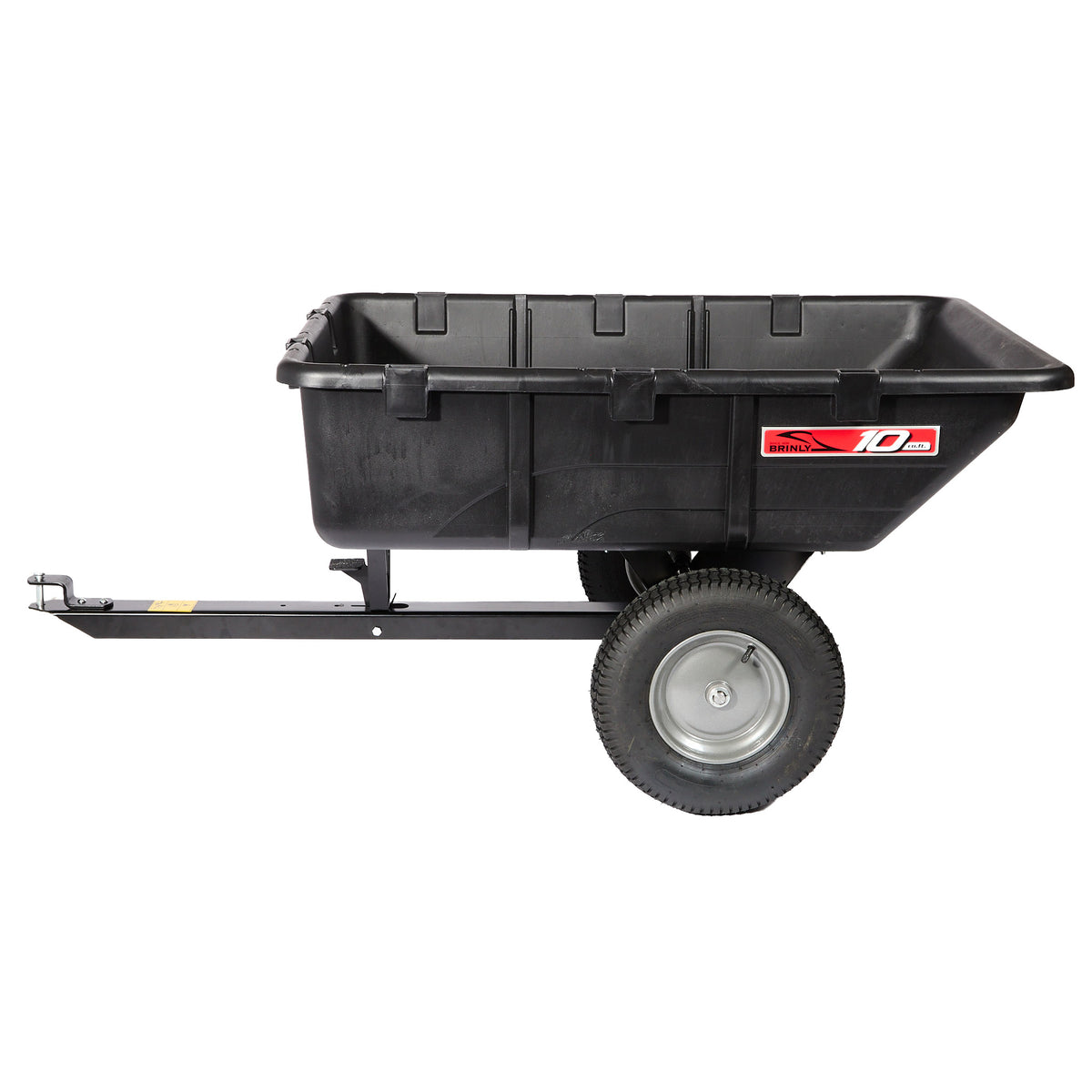The Brinly Parts 10 Cu. Ft. Poly Cart (PCT-101BH) features a black plastic body, two large gray wheels, and a metal handle, making it ideal for hauling and dumping yard materials with ease.