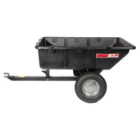 The Brinly Parts 10 Cu. Ft. Poly Cart (PCT-101BH) features a black plastic body, two large gray wheels, and a metal handle, making it ideal for hauling and dumping yard materials with ease.