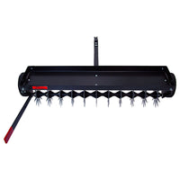 The Brinly Parts 40″ Spike Aerator with Transport Wheels & 3D Galvanized Steel Tines (SAT-401BH) is a black, tow-behind lawn aerator featuring multiple sharp tines, two side wheels, and a long rear handle for easy towing.