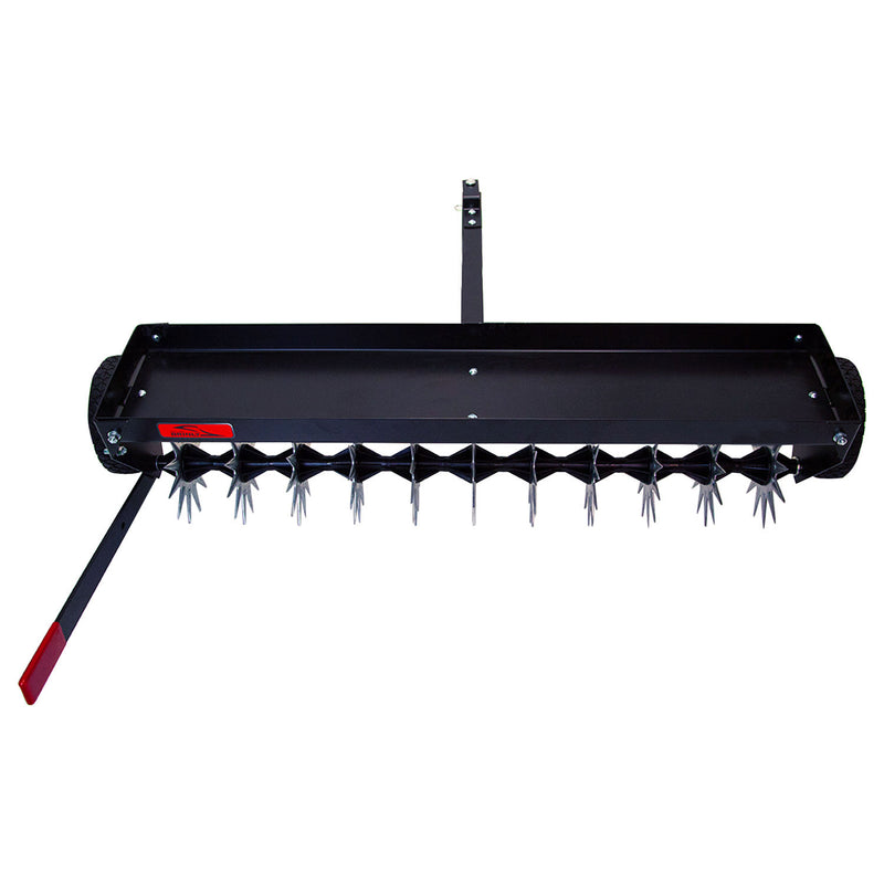 The Brinly Parts 40″ Spike Aerator with Transport Wheels & 3D Galvanized Steel Tines (SAT-401BH) is a black, tow-behind lawn aerator featuring multiple sharp tines, two side wheels, and a long rear handle for easy towing.
