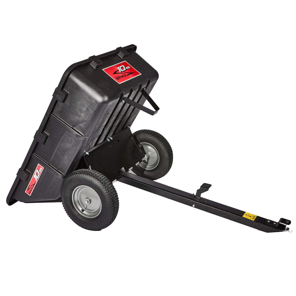 The Brinly Parts 10 Cu. Ft. Poly Cart (PCT-101BH) features large wheels and a metal tow bar for easy lawn tractor or ATV attachment, shown tipped up to highlight its convenient dumping capability.