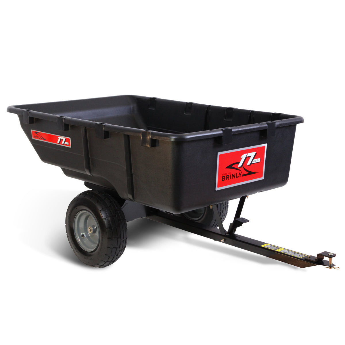The Brinly Parts 17 Cu. Ft. Poly Cart (PCT-17BH) is a black, heavy-duty lawn cart with two large wheels, a metal tow bar for lawn tractor attachment, and a red 17 Brinly label—perfect for high-capacity yard work hauling.