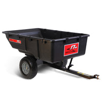 The Brinly Parts 17 Cu. Ft. Poly Cart (PCT-17BH) is a black, heavy-duty lawn cart with two large wheels, a metal tow bar for lawn tractor attachment, and a red 17 Brinly label—perfect for high-capacity yard work hauling.