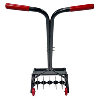 The 18 Push Spike Aerator by Brinly Parts features dual red handles and 3D galvanized steel tines. Crafted with a sturdy metal frame, it supports the spiked drum for deep soil penetration, set against a plain white background.