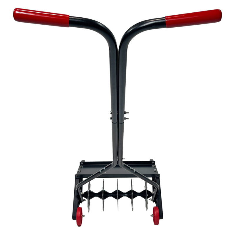 The 18 Push Spike Aerator by Brinly Parts features dual red handles and 3D galvanized steel tines. Crafted with a sturdy metal frame, it supports the spiked drum for deep soil penetration, set against a plain white background.