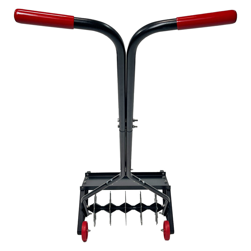 Introducing the Brinly Parts 20 Push Spike Aerator, featuring two red handles and 3D galvanized steel tines for optimal soil aeration. It has a durable frame, two small red wheels, and an adjustable handle for customized comfort.