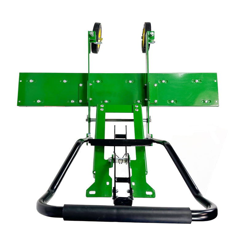 The John Deere Front-Mount 48 ZTR Dethatcher (CPLP83252) features a green metal frame with two small black and yellow wheels. Seen from below, it includes a black handlebar, multiple bolts on the green panel, and flexible spring steel tines, compatible with the John Deere Z-Trak Mower.