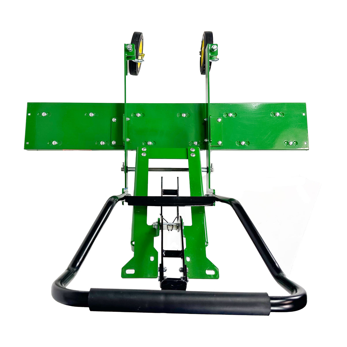 The John Deere Front-Mount 48 ZTR Dethatcher (LP83252) features green metal construction, two yellow-rimmed wheels, a wide flat panel, and a black U-shaped handlebar, shown from above on a white background.