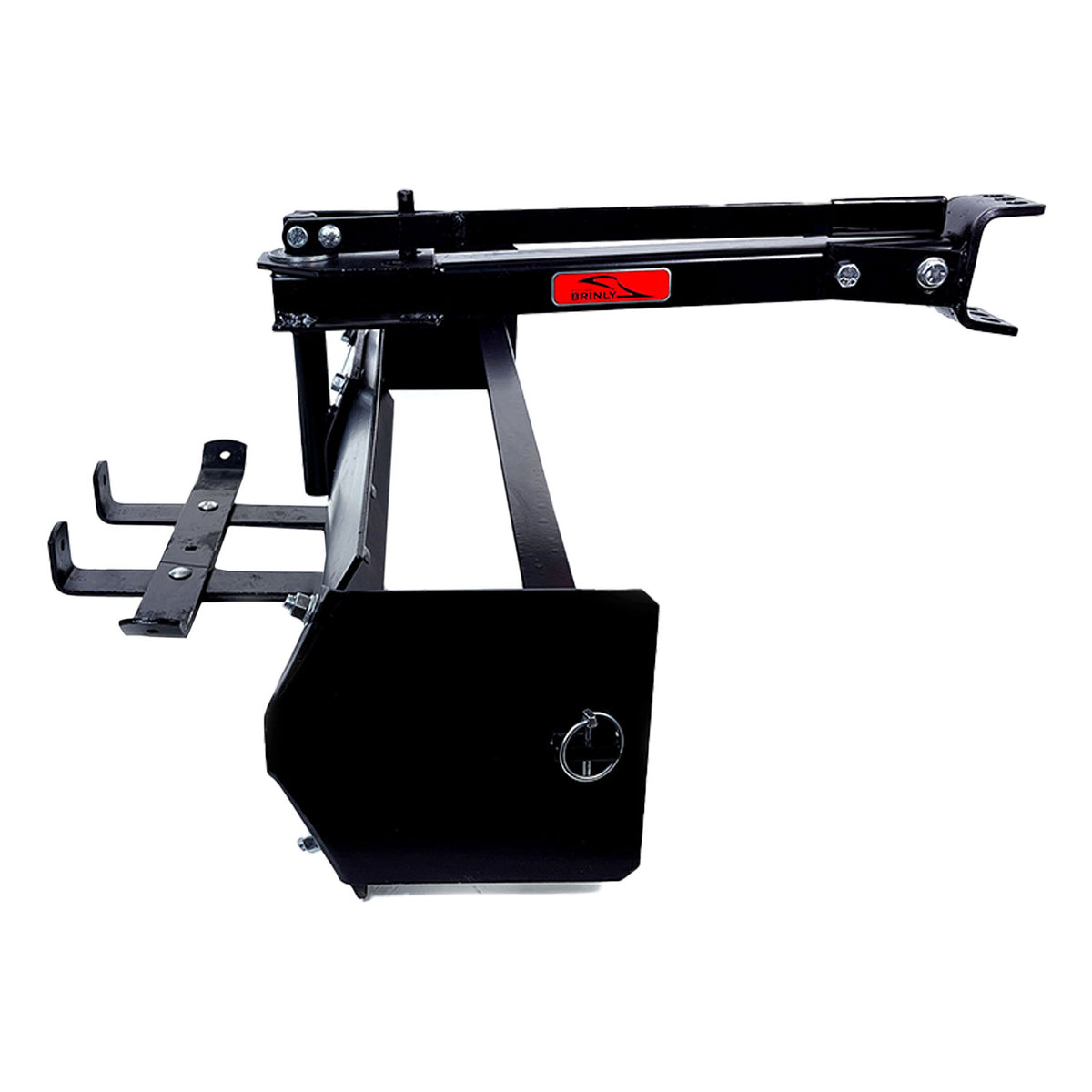 The Brinly Parts 42” Sleeve Hitch Box Scraper | BS-42BH features a durable black metal build with a sturdy rectangular base, side hooks, and an adjustable lever arm. Precision-crafted like a carbon steel blade for strength, it includes bolts and an orange logo near the top for easy use.