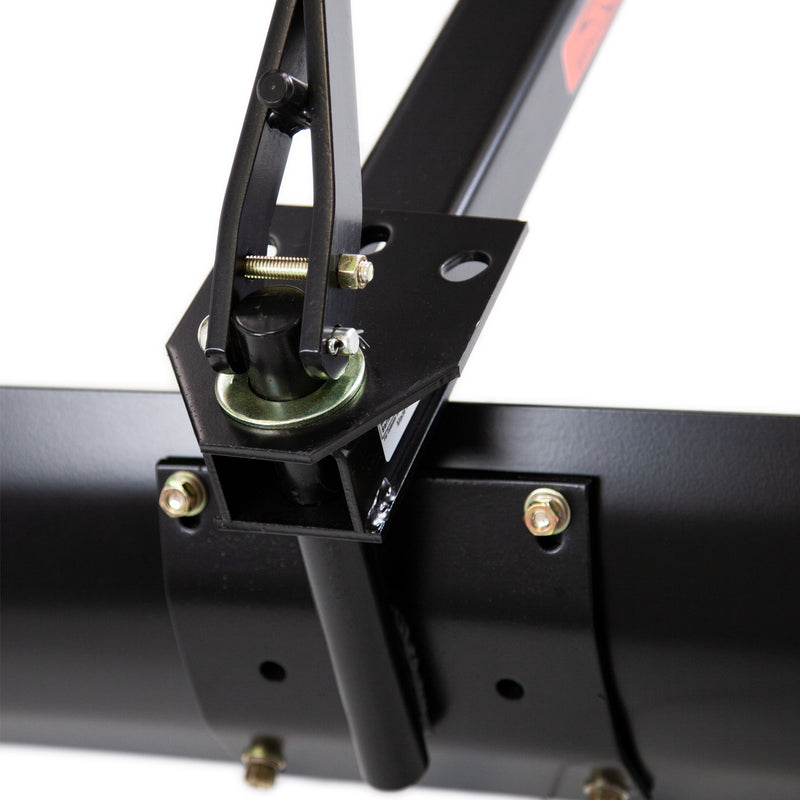 Close-up of the 42 Sleeve Hitch Rear Blade | BB-562 by Brinly Parts, a black metal component with bolts and hinge, reminiscent of a lawn tractor attachment. The image highlights its sturdy construction and assembly details.