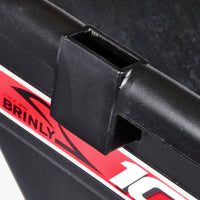 Close-up of a black rectangular plastic tube attached to a Brinly Parts 10 Cu. Ft. Poly Cart (PCT-101BH), with a red and white label showing part of the BRINLY name.