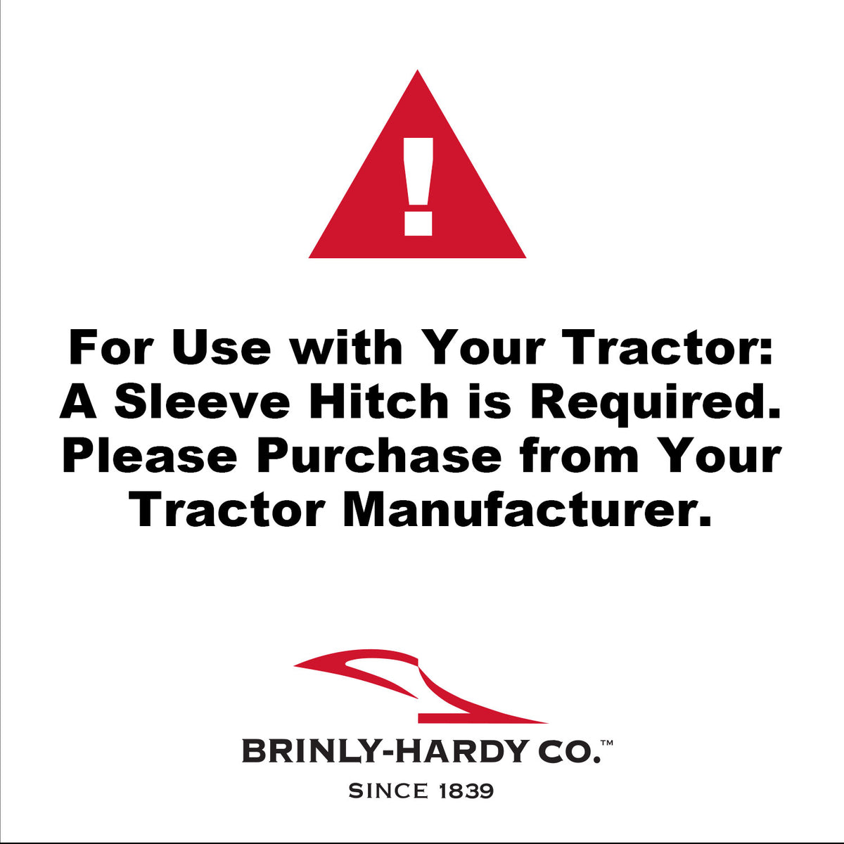 Warning: Brinly Parts Sleeve Hitch Moldboard Plow (PP-510) requires a sleeve hitch for tractor use. Please purchase from your tractor manufacturer. Brinly-Hardy Co. logo, Since 1839, is displayed at the bottom with a red triangle and exclamation mark sign.