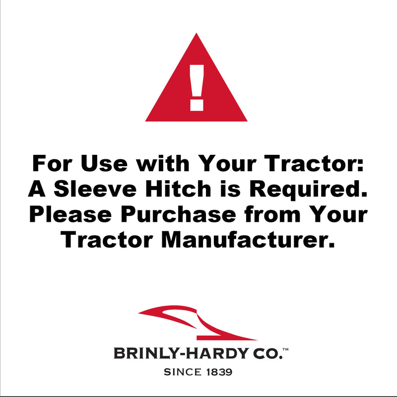 Warning sign with red triangle and exclamation mark: A Sleeve Hitch is Required for Use with your Landscaping Tool. Purchase from Your Tractor Manufacturer. At the bottom, Brinly Parts logo: Since 1839 42” Sleeve Hitch Rear Blade | BB-562.