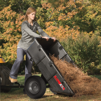 A woman in casual clothes empties a Brinly Parts 10 Cu. Ft. Poly Cart (PCT-101BH) filled with straw or pine needles onto the grass in a yard with autumn trees in the background.