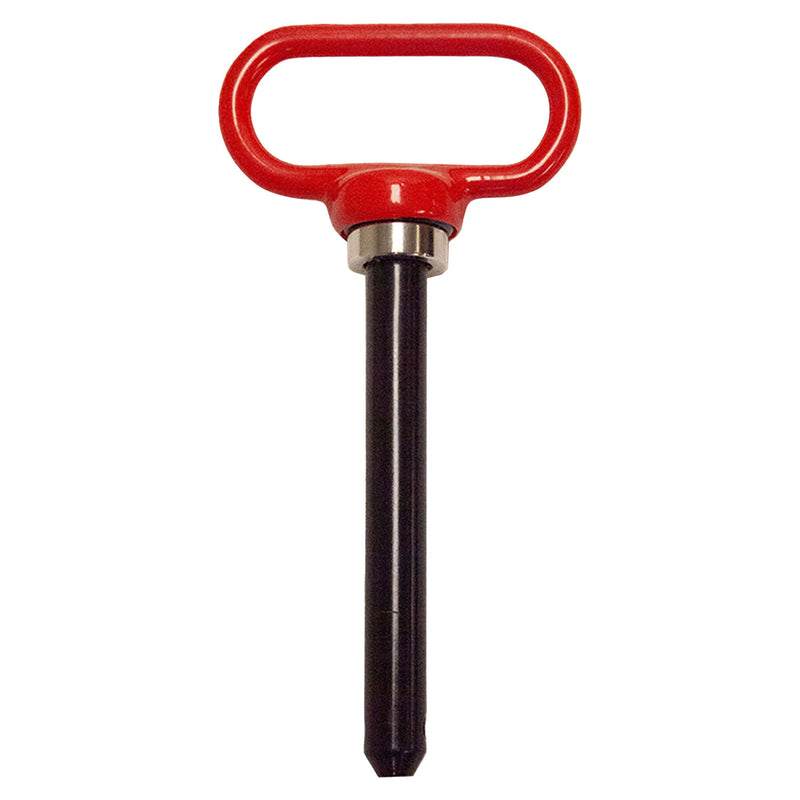 A metal utility valve key with a red oval handle and long black shaft—offering durability comparable to the Brinly Parts Magnetic Hitch Pin - 5/8 Inch—designed for turning underground water or gas valves.
